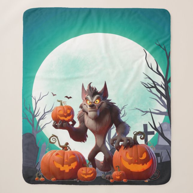 Couverture Sherpa loup-garou et citrouilles d'Halloween (Devant)