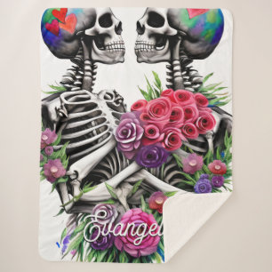 Couverture Sherpa Love Couple Aquarelle Skeletons Floraux