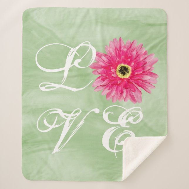 Couverture Sherpa LoVE Typographie rose Gerbera Daisy Flower sur ver (Devant)