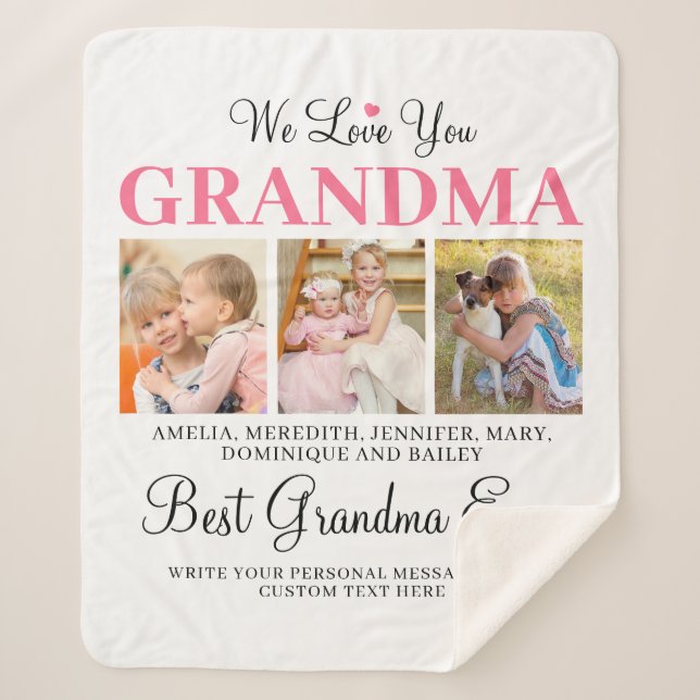 Couverture Sherpa Love You GRANDMA Petits-enfants Photo Collage Blan (Devant)
