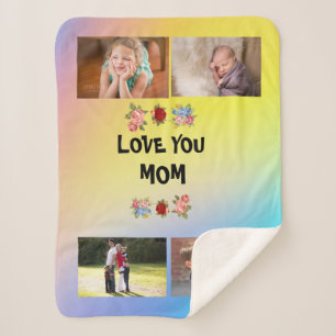 Couverture Sherpa Love You, Maman Roses Rose jaune bleu et 4 photos