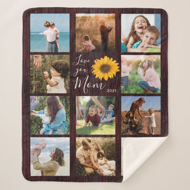 Couverture Sherpa Love You Mom Family Photo Collage Tournesol Rustiq (Devant)