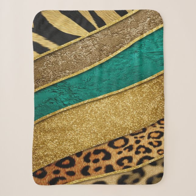 Couverture Sherpa Luxury Emerald & Gold Safari Leopard Zebra Glitter (Devant)