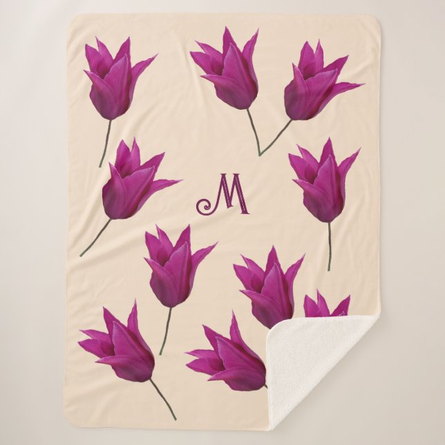 Couverture Sherpa M monogramme personnalisable jolie tulipes roses f (Devant)