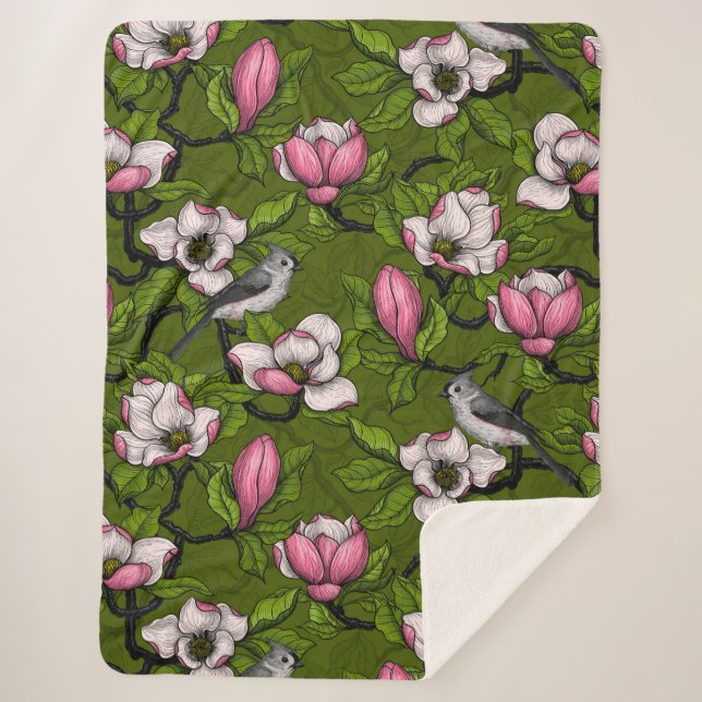 Couverture Sherpa Magnolia en floraison et oiseau de tireur 2 (Devant)