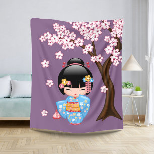 Couverture Sherpa Maiko Kokeshi Doll - Blue Kimono Geisha Girl