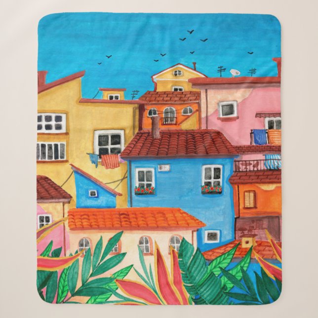 Couverture Sherpa Maisons italiennes. Gouache tirée à la main (Devant)