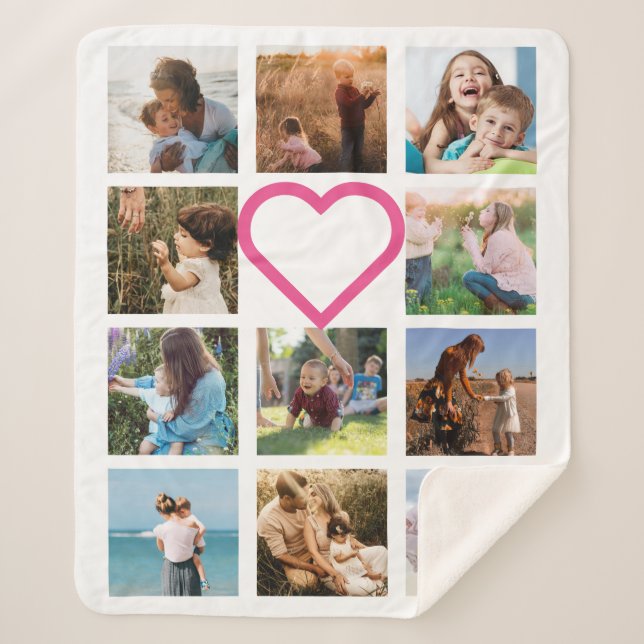 Couverture Sherpa Maman Famille Photo Collage Coeur rose (Devant)