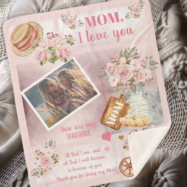 Couverture Sherpa Maman Je T'Aime Photo Rose Floral | Texte du scrip (Soft and Beautiful "Mom, I Love You" Photo Pink Floral Script Text Sherpa Blanket)