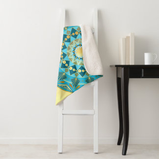 Couverture Sherpa Mandala bleu or sur fond or doux