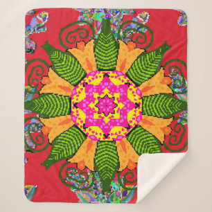 Couverture Sherpa Mandala floral rond de couleur sur un rouge, vert