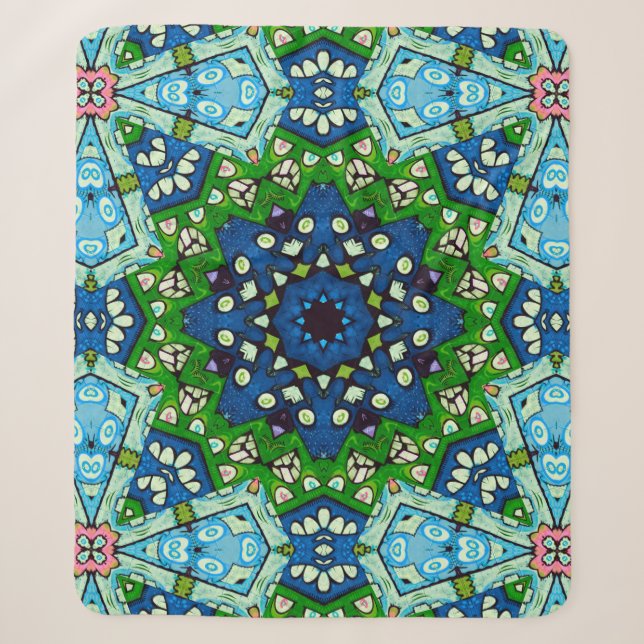 Couverture Sherpa Mandala Retro Mosaic Vert Motif bleu (Devant)