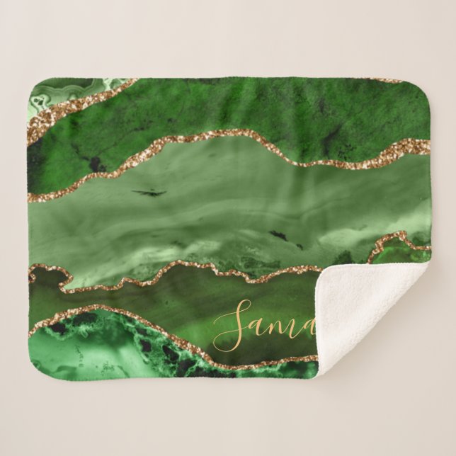 Couverture Sherpa Marbre Agate Pailleté Or Faux et Vert (Devant (Horizontal))