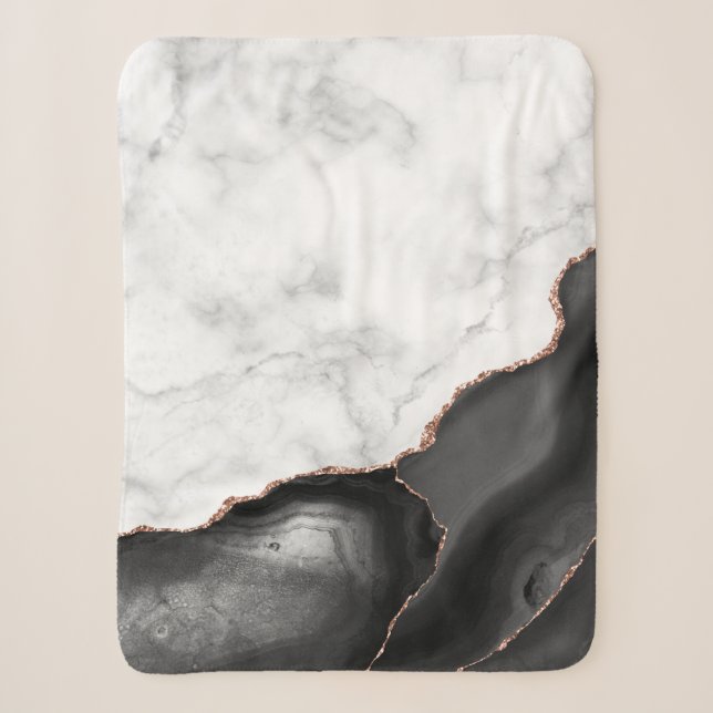 Couverture Sherpa Marbre blanc Agate noire Paillettes d'or rose (Devant)