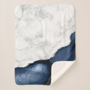 Couverture Sherpa Marbre Blanc Argent Bleu Nuit Agate