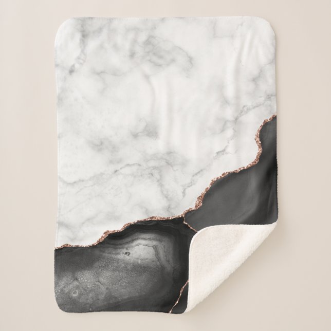 Couverture Sherpa Marbre blanc Black Agate Rose Gold Parties scintil (Devant)
