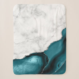 Couverture Sherpa Marbre blanc paillettes argentées agate bleu sarce