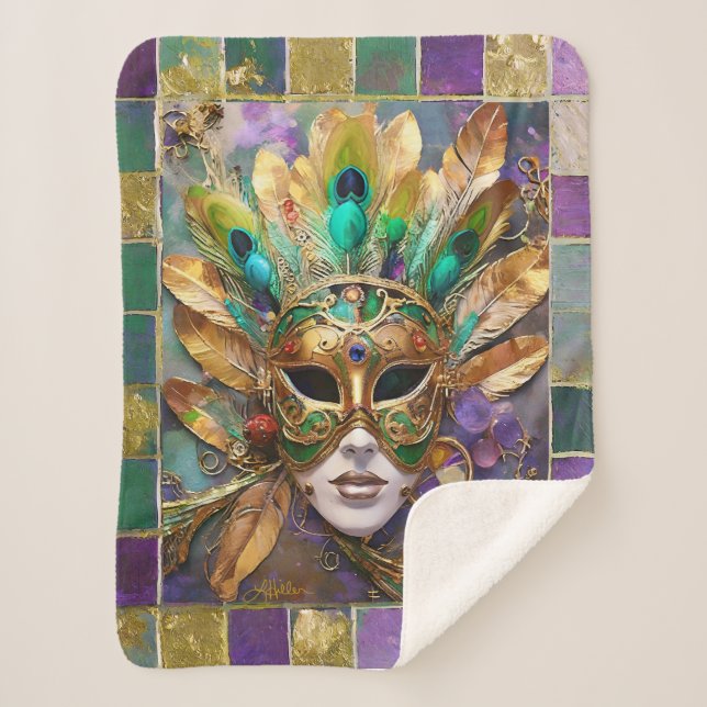 Couverture Sherpa Mardi Gras Gold et vert Peacock Feature Masque (Devant)