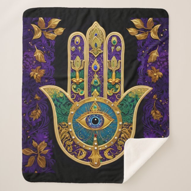 Couverture Sherpa Mardi Gras Gold violet vert Hamsas Art (Devant)