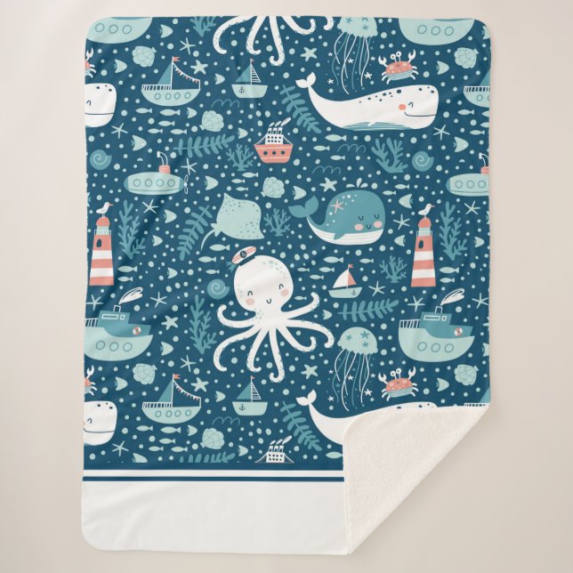 Couverture Sherpa Marine Bleu et blanc Motif de l'océan marin (Devant)
