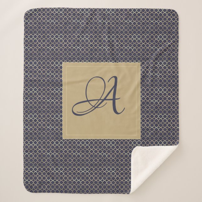 Couverture Sherpa Marine Blue Monogram Quatrefoil Nouveau mariés Mar (Devant)