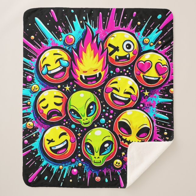 Couverture Sherpa Mélange d'Emoji Néon Funky (Devant)