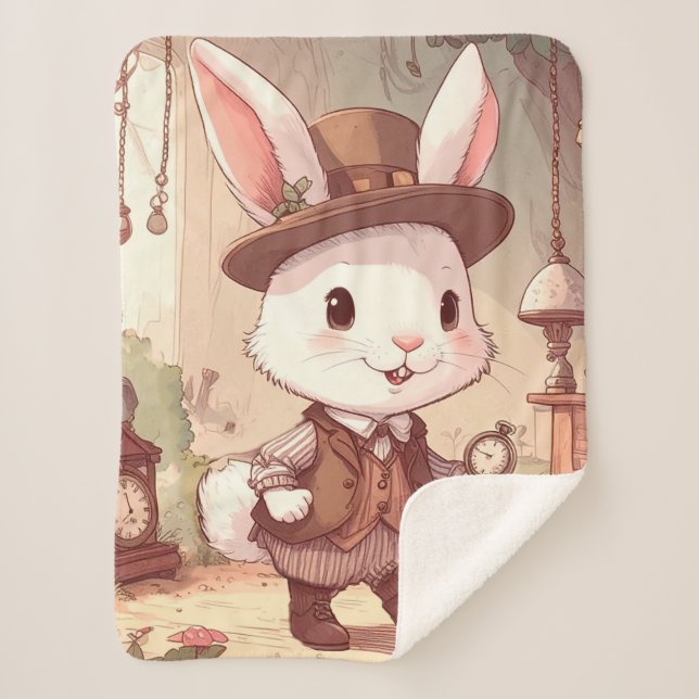 Couverture Sherpa Mélange White Rabbit Wonderland Whimsical Timekeep (Devant)
