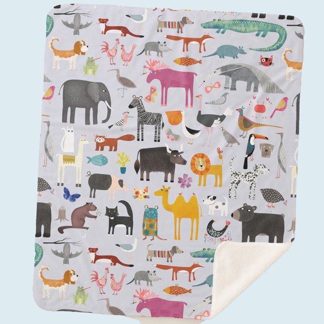 Couverture Sherpa Ménagerie animale (Fun animal menagerie with wild, safari, zoo, pet animals and birds pattern sherpa blanket)