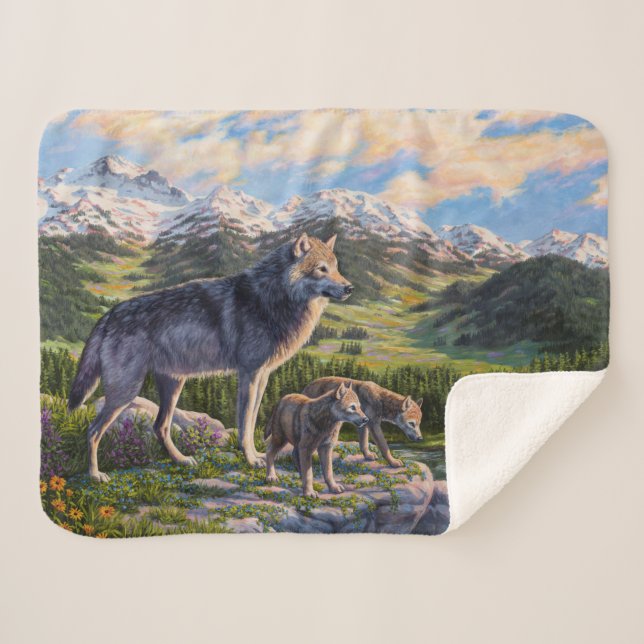 Couverture Sherpa Mère Wolf & Pups Mountain River Valley (Devant (Horizontal))