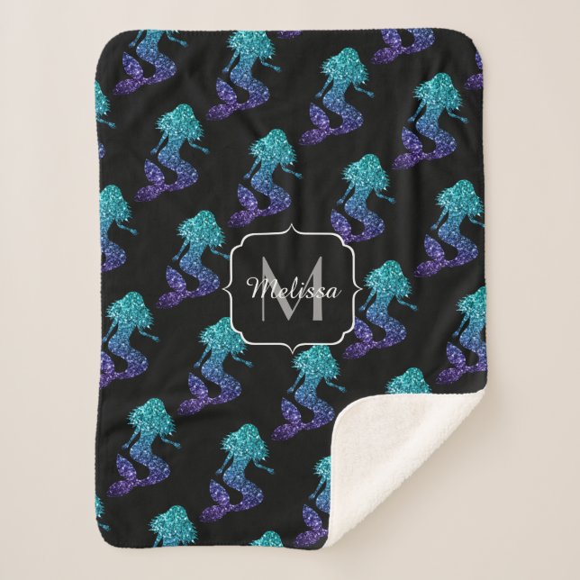 Couverture Sherpa Mermaid aqua bleu ombre motif Monogramme (Devant)