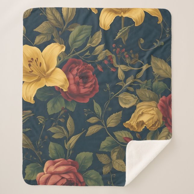 Couverture Sherpa Midnight Victorian Floral – Yellow Lilies & Roses  (Devant)