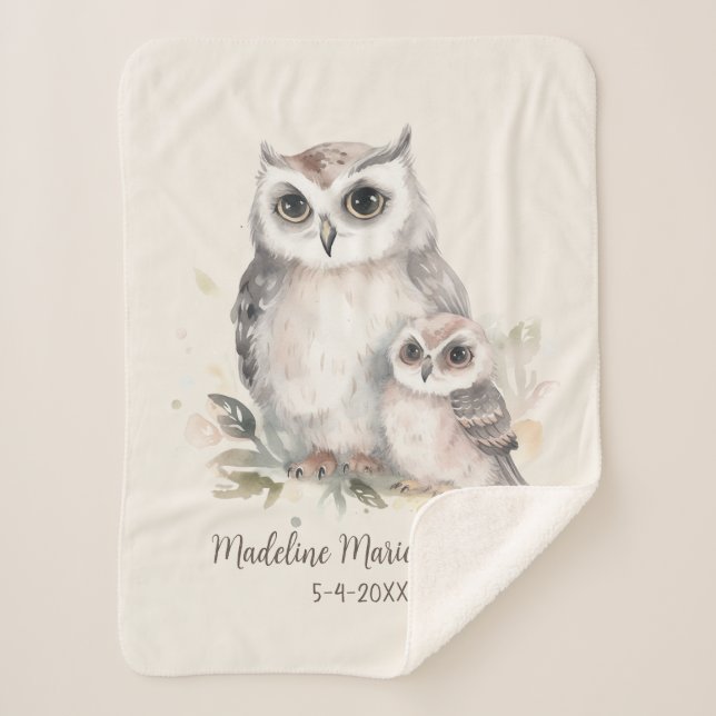 Couverture Sherpa Mignon bébé chouette mère Nom Date de naissance  (Devant)