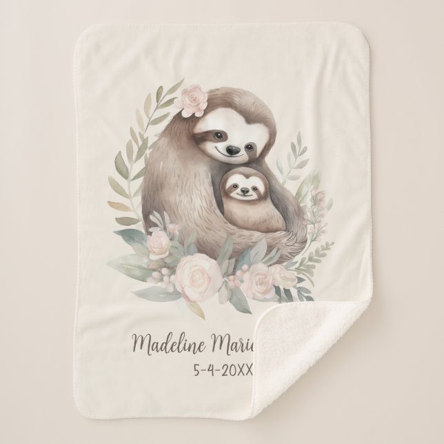 Couverture Sherpa Mignon bébé paresseux mère Nom Date de naissance  (Devant)