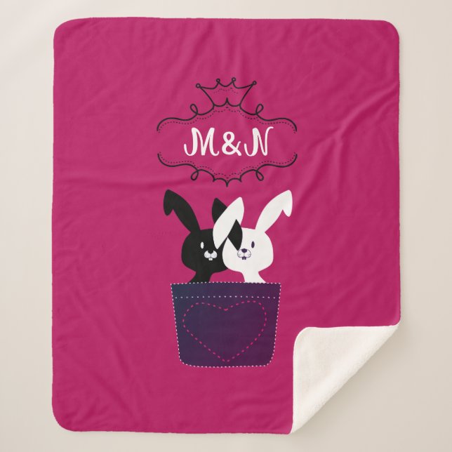 Couverture Sherpa Mignon Lapin Kawaii Noir Blanc Monogramme  (Devant)