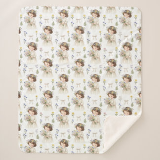 Couverture Sherpa Mignon motif de petite fille aux fleurs à l'aquare
