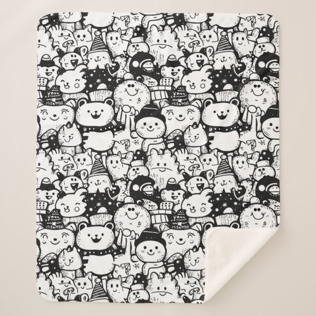 Couverture Sherpa Mignon motif doodle d'animaux Kawaii (2) (Devant)