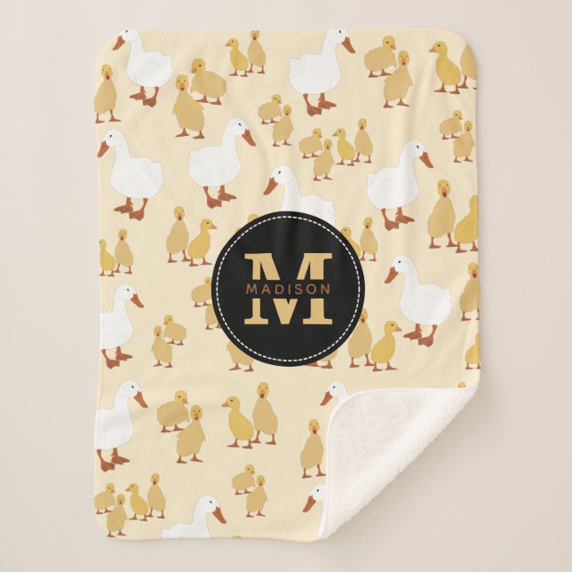 Couverture Sherpa Mignonne Mère Canard & Bébé Motif Monogramme (Devant)