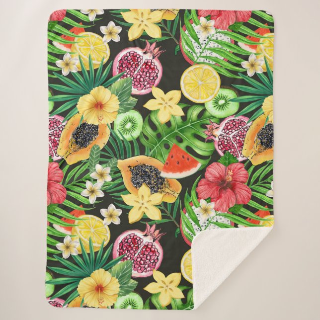 Couverture Sherpa Mix-fruits tropicaux, fleurs et feuilles en noir (Devant)