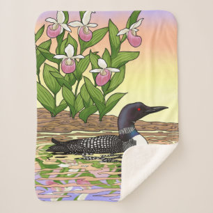 Couverture Sherpa MN State Bird Flower Loon Lady Slipper