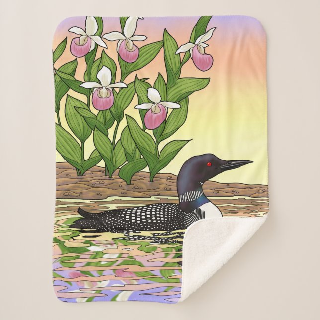 Couverture Sherpa MN State Bird Flower Loon Lady Slipper (Devant)