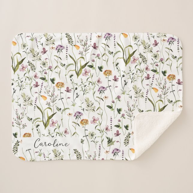 Couverture Sherpa Modèle floral de jardin Fleur sauvage personnalisé (Devant (Horizontal))
