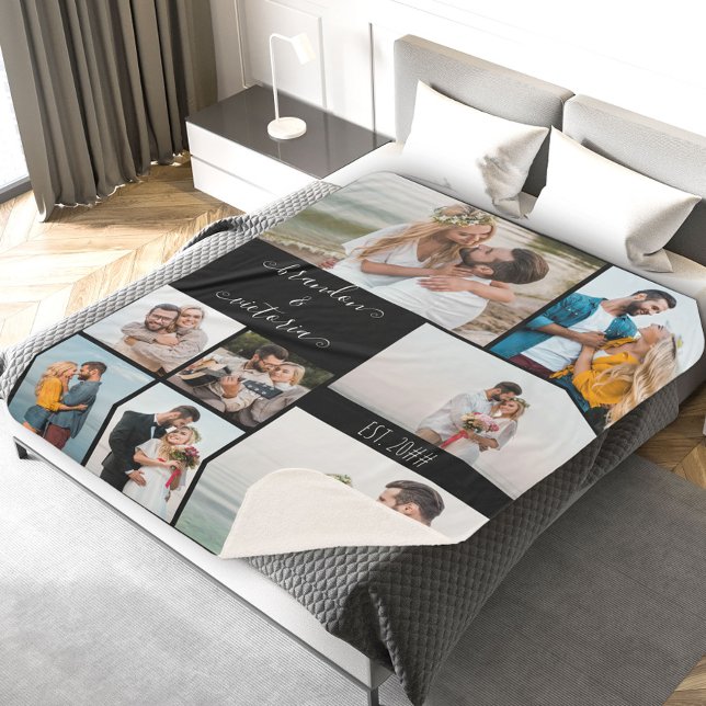 Couverture Sherpa Moderne 8 Photo Collage Élégant Script Custom Blac (Créateur téléchargé)