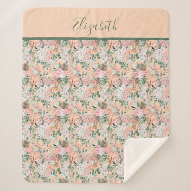 Couverture Sherpa Monogram Boho Rose Pêche Blanc Floral Tendance (Devant)