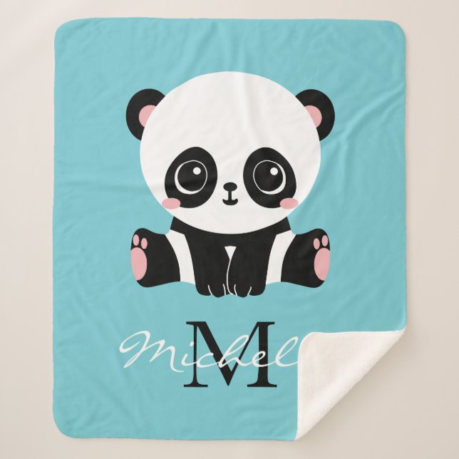 Couverture Sherpa Monogram Cute Panda Personnalisé Bubble Gum Bleu (Devant)