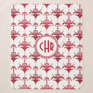 Couverture Sherpa Monogramme à damas blanc et rouge tendance