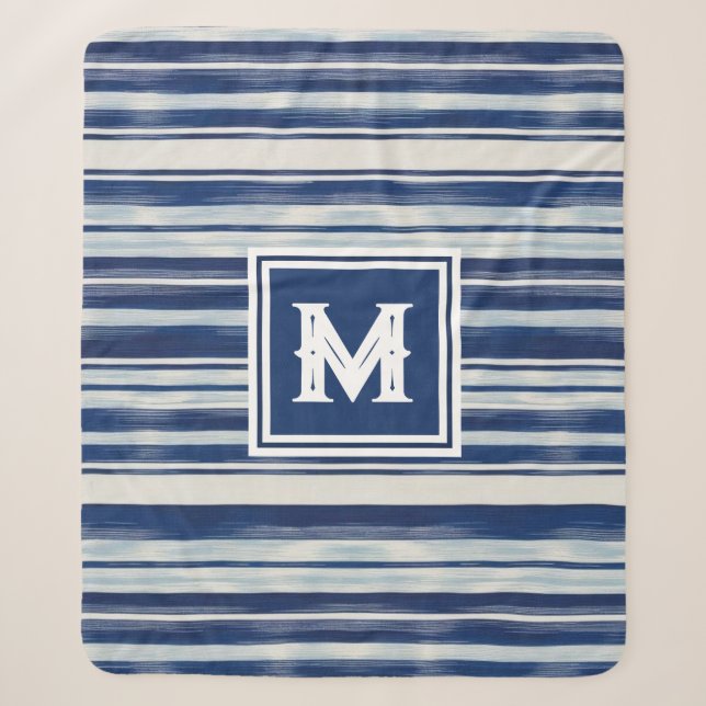 Couverture Sherpa Monogramme à rayures bleues et blanches (Devant)