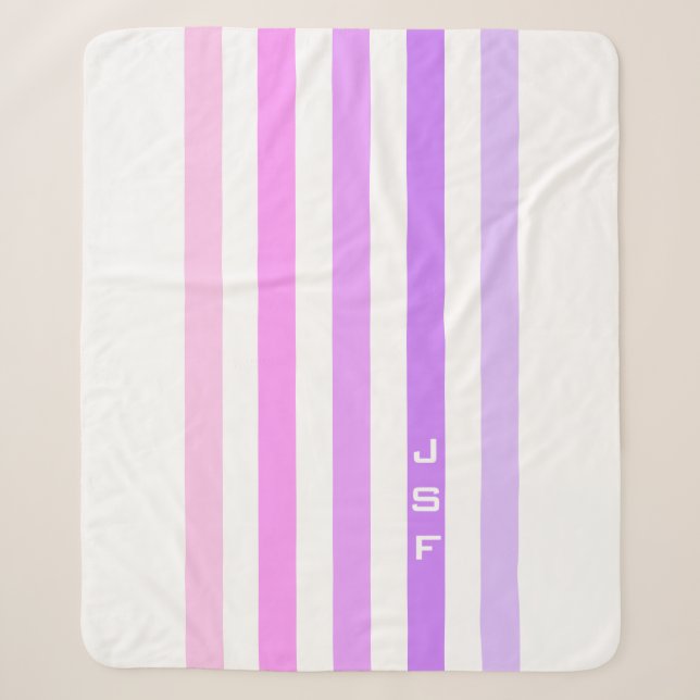 Couverture Sherpa Monogramme à rayures verticales rose et violet (Devant)