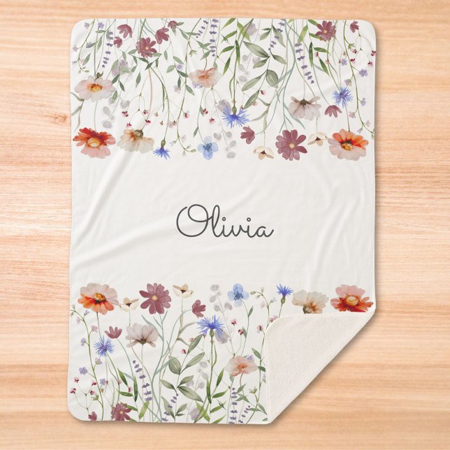 Couverture Sherpa Monogramme Aquarelle couleur Fleur sauvage Meadow (In situ)