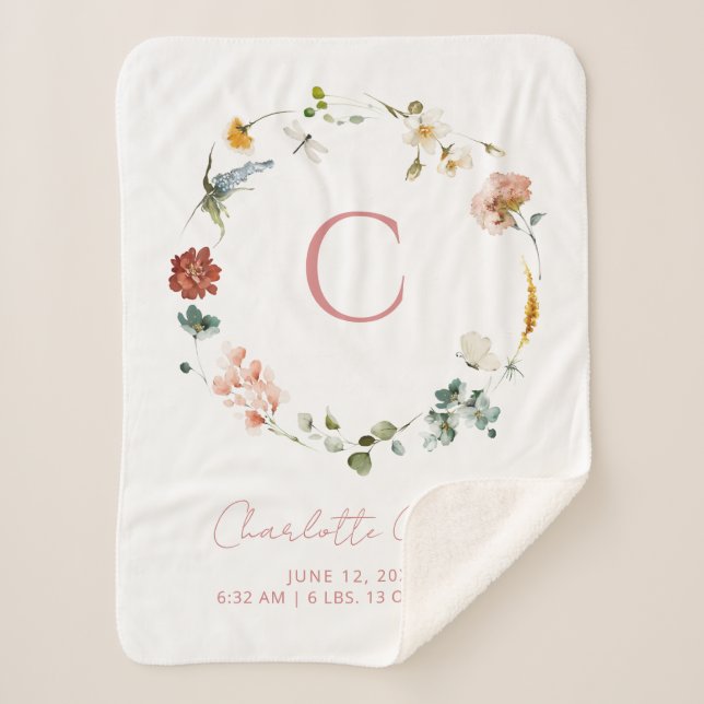 Couverture Sherpa Monogramme Aquarelle rose Floral Girl Statistiques (Devant)