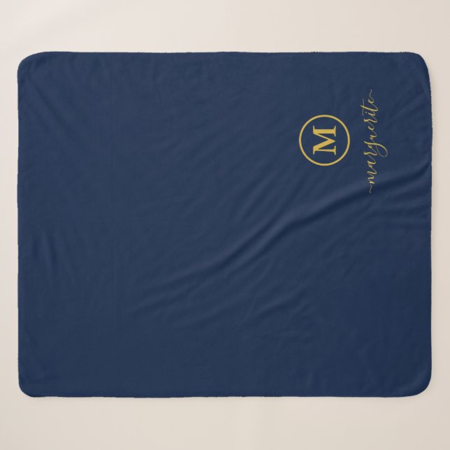 Couverture Sherpa Monogramme bleu marine et or (Devant (Horizontal))